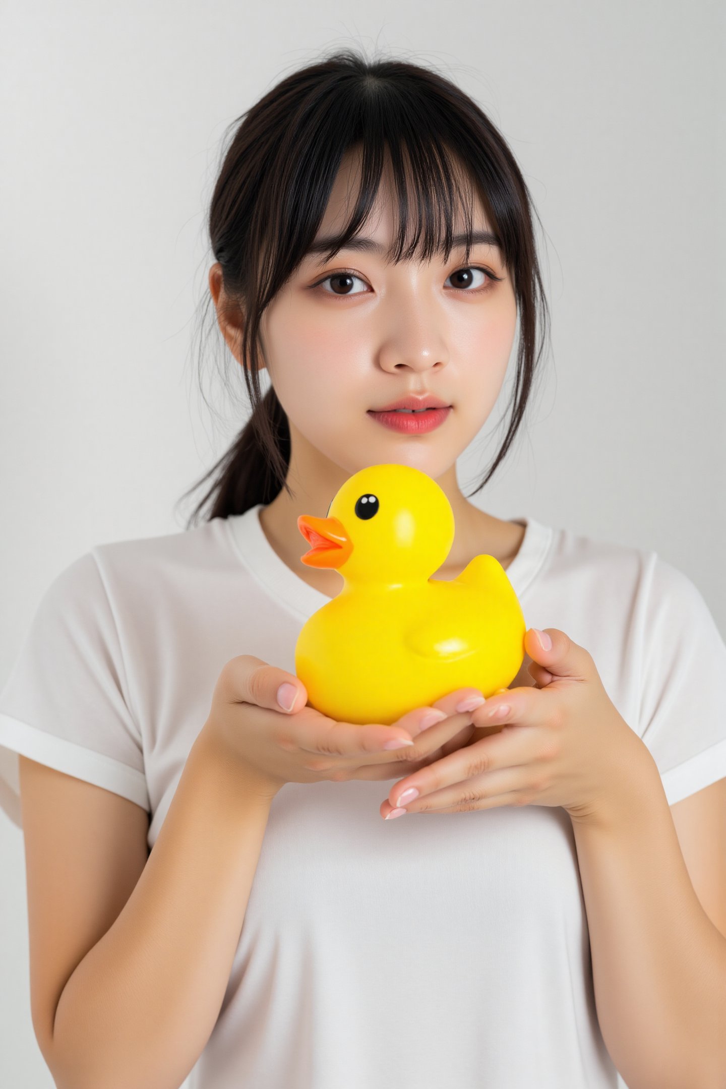 A close-up portrait of a young Asian woman with long black hair, wearing a white t-shirt, is holding a yellow rubber duck in her hands. The duck has a black eye, a black nose, and an orange beak. The woman's lips are painted with red lipstick, adding a pop of color to the scene. The backdrop is a stark white, creating a stark contrast to the yellow duck.

Realistic, Photorealistic, Asian Girl, More Reasonable Details,Cinematix Warm