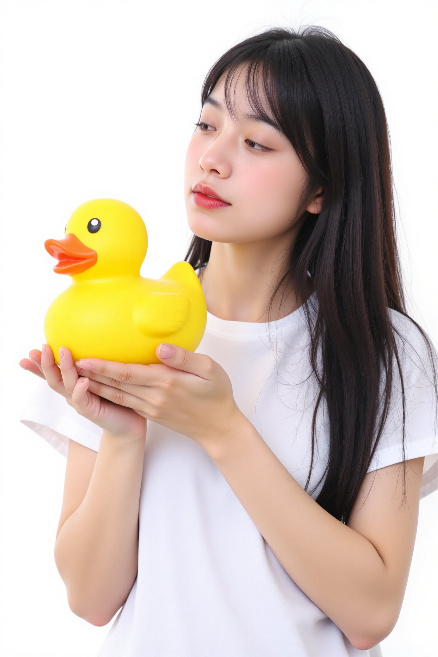 a young Asian woman with long black hair, wearing a white t-shirt, is holding a yellow rubber duck in her hands. The duck has a black eye, a black nose, and an orange beak. The woman's lips are painted with red lipstick, adding a pop of color to the scene. The backdrop is a stark white, creating a stark contrast to the yellow duck.

Realistic, Photorealistic, Asian Girl, More Reasonable Details,