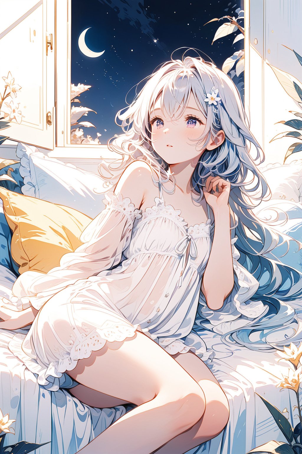 score_9, score_8_up, score_7_up, score_6_up, masterpiece, best quality, 1girl, white with light blue shade hair, petite body, with one eye partially covered by her hair. She has delicate purple eyes that give off a calm and gentle vibe. The character is dressed in royal transparent nightgown. Her overall appearance is regal, with soft lighting creating a dreamy and peaceful atmosphere,The scene is in her room, night time. she is sleeping peacefully.