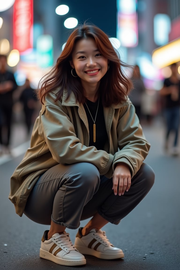 A young Asian woman with a confident smile, her lively eyes exuding youthful energy. Her medium-length, deep brown hair flows in the wind, naturally draping over her shoulders. She wears a loose, sporty jacket and pants in a trendy J-Korean style, paired with fashionable sneakers, blending streetwear with modern fashion. She crouches on a bustling city street, the vibrant urban nightscape behind her, with soft, non-glaring lights and young people passing by. Her pose is relaxed and natural, her hand making a trendy gesture, showcasing a confident, youthful vitality.