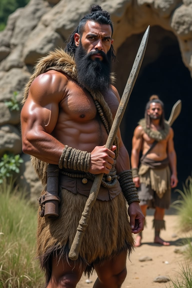 A muscular Stone Age warrior in a close-up shot,  wearing animal fur,  holding a stone weapon by user_778913893023034030 o...