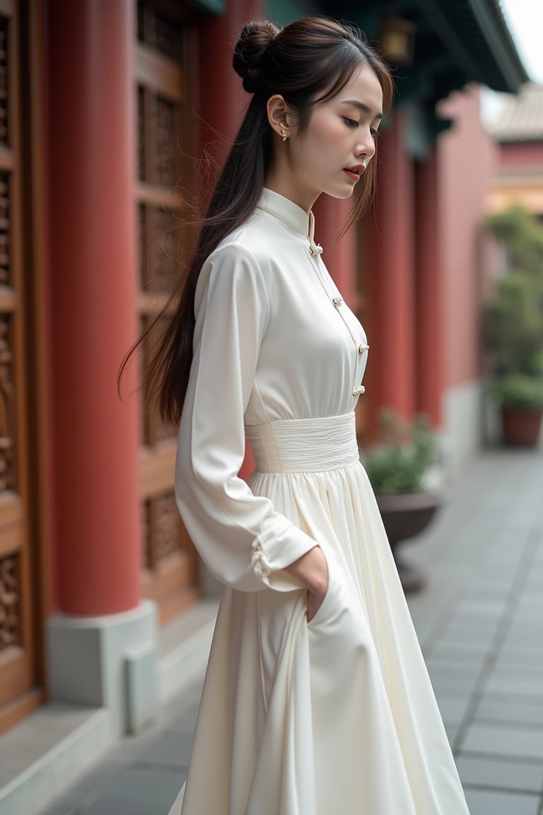 A young Chinese woman in a modernized Tang suit, featuring classic mandarin collar and frog buttons, slightly fitted to accentuate her slender waist. The fabric is light and flowing, with a tight waist sash and airy skirt adding a touch of sensuality. Her long hair is elegantly bunched up, with some strands gently swaying in the wind, adding movement and natural beauty. Full-body shot from a side angle, highlighting her graceful stance and modern flair. The background is a traditional Chinese architecture amidst a modern cityscape, with carved wooden doors and red brick walls, blending tradition and modernity seamlessly.