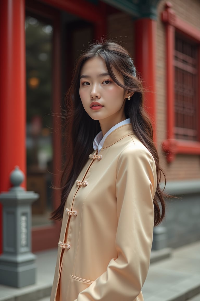 A young Chinese woman in a modernized mandarin jacket, standing tall with a slim-fit cut emphasizing her slender waist. The jacket features classic high collar and frog buttons, made of lightweight, glossy fabric, with a hint of her shirt collar revealing delicate collarbones. Her long hair is elegantly upswept, with some strands gently blowing in the wind. Shot from a slightly low angle, showcasing her full figure and intricate details of the outfit. The background is a traditional Chinese building in a modern cityscape, with red brick walls and carved wooden windows, blending tradition and modernity. The scene is vibrant and dynamic.