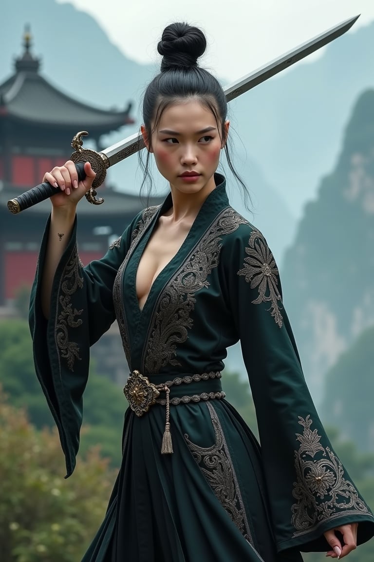 An older Chinese female swordsman with her hair coiled high, wearing a luxurious yet slightly sexy form-fitting Taoist robe. Her slender yet muscular figure showcases her strength and agility. The robe is dark with intricate embroidery and traditional Chinese decorative details, emphasizing mystery and nobility. It fits snugly, highlighting her feminine features while incorporating practical combat elements. She stands with her sword raised and in motion, its hilt adorned with delicate totems reflecting faint light. In front of an ancient mountain temple, the background features misty mountains and forests, adding a mystical and majestic atmosphere. Her face bears slight battle scars and grime, her gaze sharp and deadly. Her arms and body are free of tattoos, exuding an aura of solitary strength and dominance as she wields her weapon with precision and power.