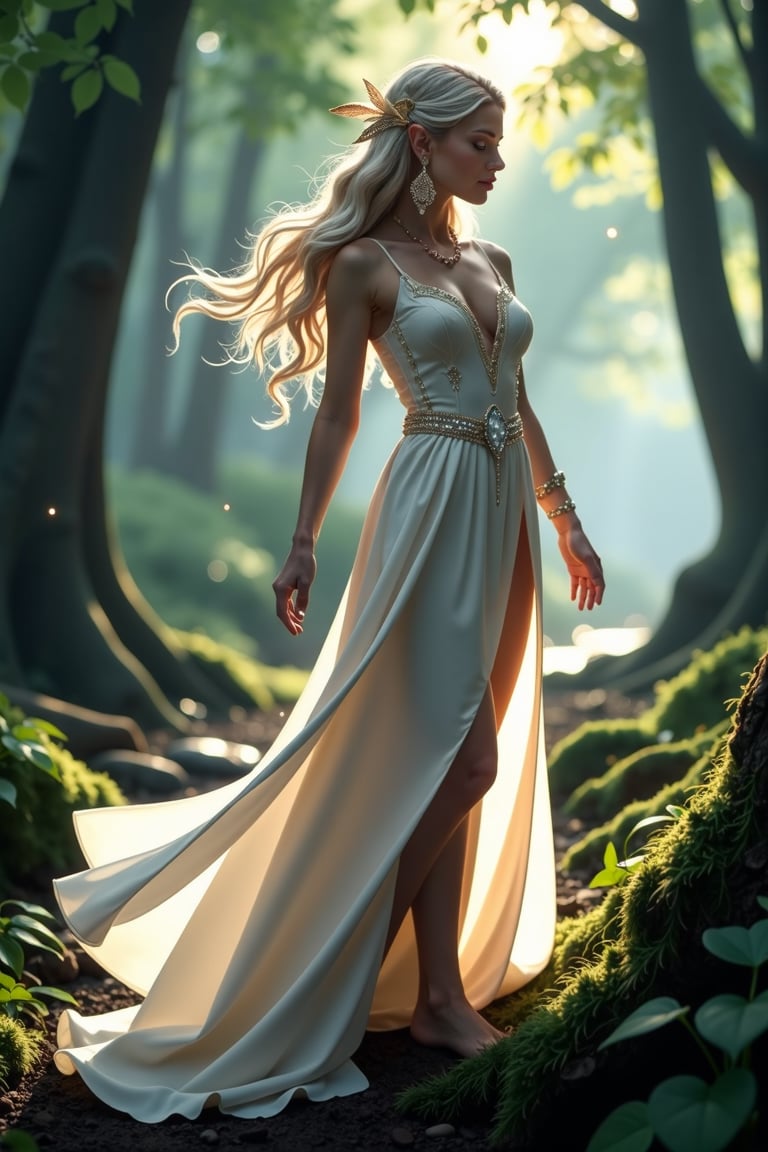 An elegant and sexy female elf stood in the mysterious forest, wearing a light and elegant silk dress. The skirt was designed with a deep V neckline and a high slit skirt. The skirt fluttered gently in the wind, showing off Her elegant figure and sexy temperament. The long skirt is composed of multiple layers of tulle, allowing the skin to be looming, adding a sense of mystery and temptation. The waist and shoulders are embellished with a delicate crystal and leaf pattern that shimmers with her movement. Her hair is flowing in the wind, the headband is decorated with feathers and tiny crystals, and her earrings and necklace sparkle in the sun, enhancing her mysterious aura. The forest background is full of meticulous details, with moss-covered tree trunks and low shrubs, leaves falling in the wind, and a distant creek flowing quietly with a faint light shining on the water, creating a dreamy atmosphere. The contrast between light and shadow is strong, the sunlight passes through the leaves and hits her face and clothes softly, making her stand out from the deep background. The scene is dotted with several magical light spots floating in the air, adding to the overall magical atmosphere