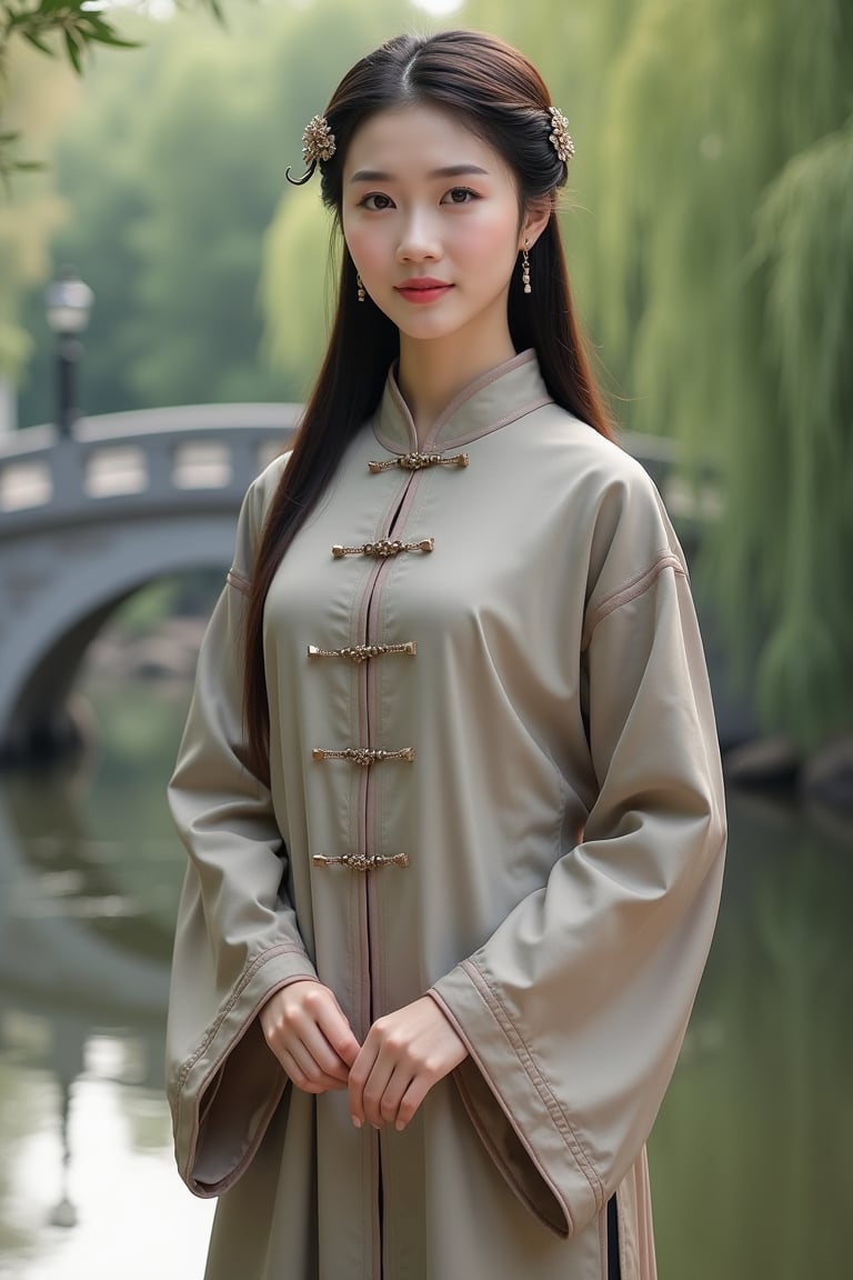 A young Chinese woman in a traditional mandarin jacket, featuring a high collar and intricate button closures, exuding elegant Chinese charm. The jacket is loose-fitting and made of thick, luxurious fabric. Her long hair is neatly tied into a low bun, smooth and sleek, adorned with an antique hairpin. She stands gracefully, hands naturally at her sides, with a gentle and confident gaze. The background features a Chinese stone bridge, a serene river, and swaying bamboo in the breeze, creating a tranquil and classical atmosphere. The shot is a full-body view from the front, capturing her poised and graceful figure.