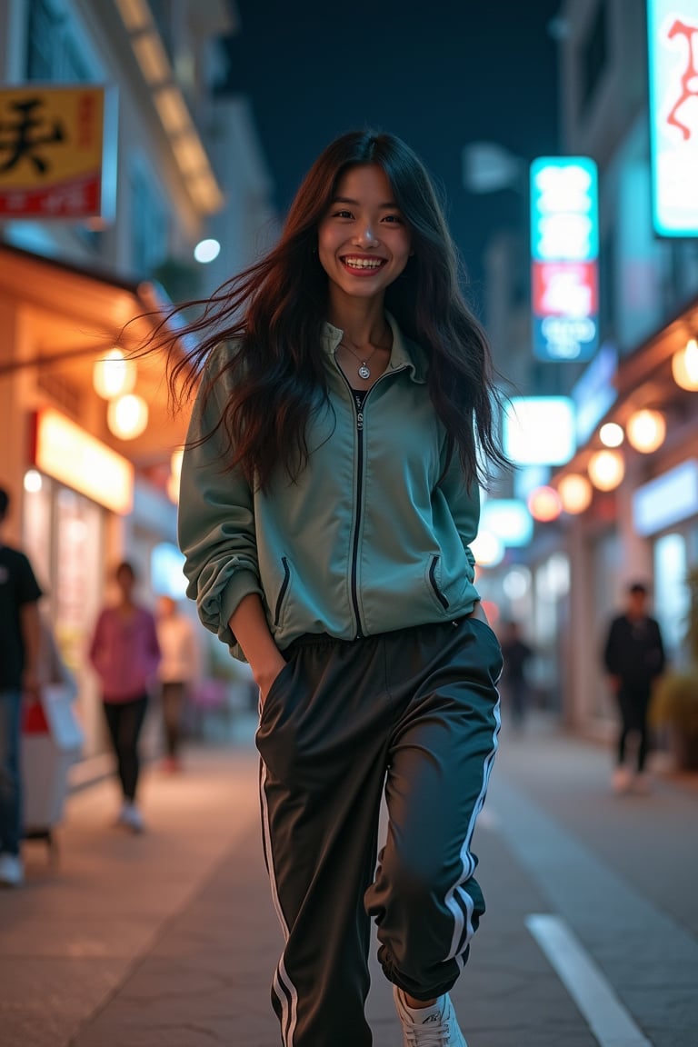 A young Asian woman with a confident smile, her eyes full of vitality and self-assurance. Her long, deep black hair flows freely as she moves. She wears trendy Japanese-Korean style athletic wear: a loose jacket, sporty pants, and cool sneakers, blending street style with fashion. She performs a street dance, her hands swinging, legs agilely crossing and jumping, exuding youthful energy. The background is a modern urban night district with a mix of Eastern and Western architectural styles, neon lights and street art creating a soft, vibrant atmosphere. The scene captures the perfect fusion of street culture and dance.