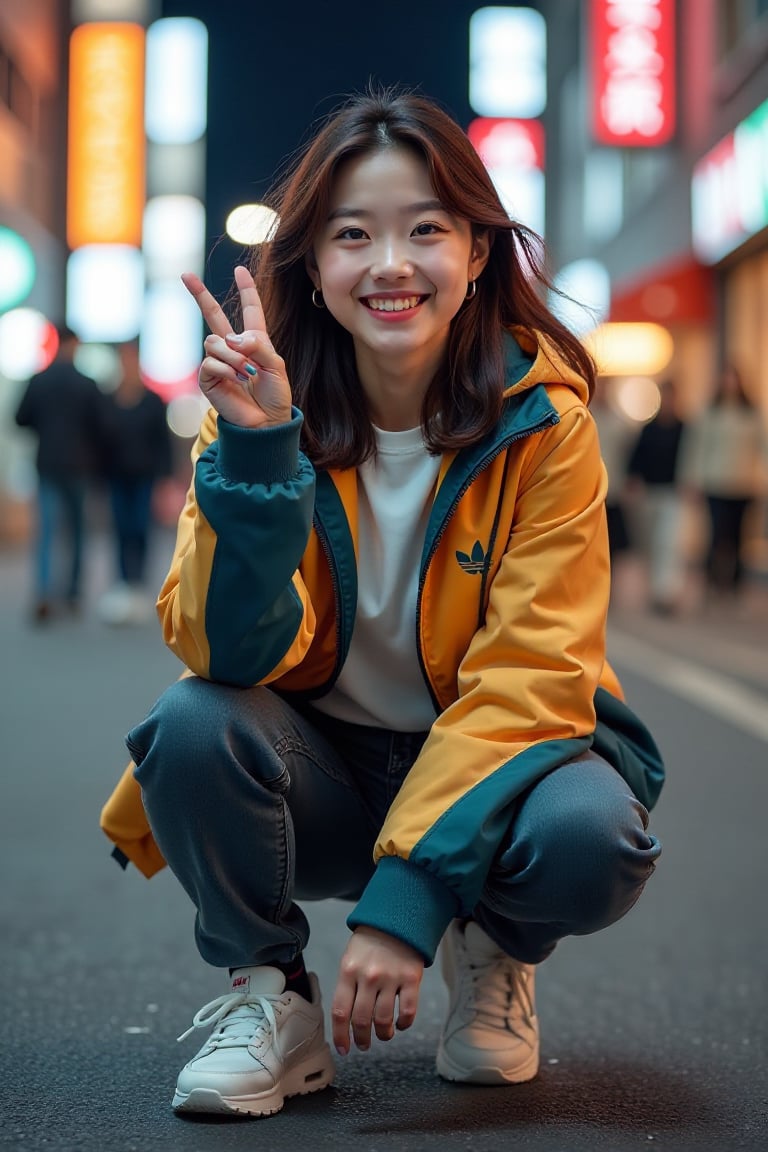 A young Asian woman with a confident smile, her lively eyes exuding youthful energy. Her medium-length, deep brown hair flows in the wind, naturally draping over her shoulders. She wears a loose, sporty jacket and pants in a trendy Japanese-Korean style, paired with fashionable sneakers, blending streetwear with modern fashion. She crouches on a bustling urban street, the vibrant city nightscape behind her, with soft, non-glaring lights and young people passing by. Her pose is relaxed and natural, her hand making a popular gesture, showcasing a confident and energetic demeanor.