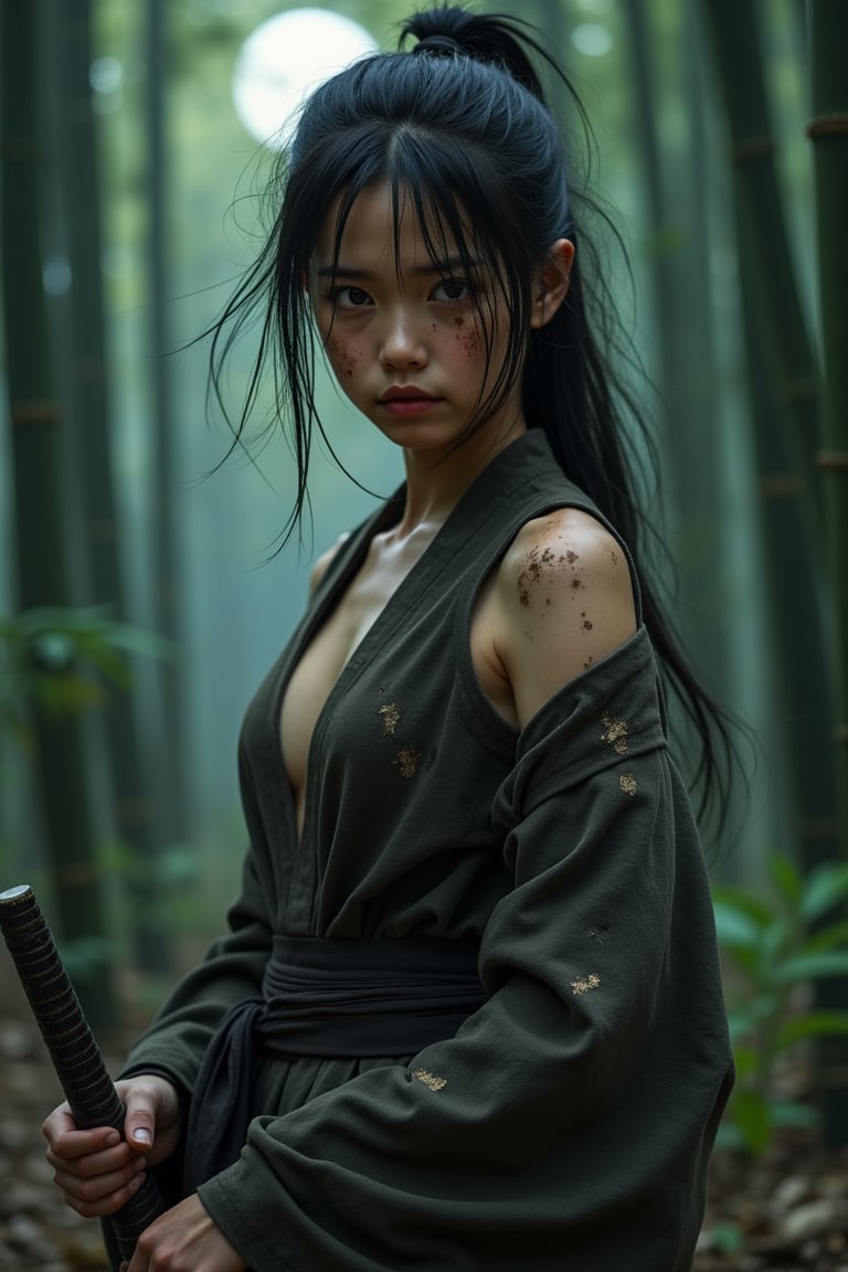 A long-distance shot of a young Japanese female ninja, fully visible. She has typical Japanese facial features, black almond-shaped eyes, a low nose bridge, and a face smeared with dirt and sweat, looking tired yet natural. Wearing traditional ninja attire that enhances flexibility and shows off her curves, revealing her collarbones and part of her arms. She holds a sharp kunai in her right hand, left hand resting lightly on her thigh, ready to strike. Her hair is disheveled, strands blowing in the wind, her weary yet vigilant eyes gazing into the distance, not directly at the camera. Her attire is covered in dirt and battle marks, indicating a tough covert mission. The background is a serene bamboo forest, moonlight filtering through the leaves, adding a mysterious atmosphere.