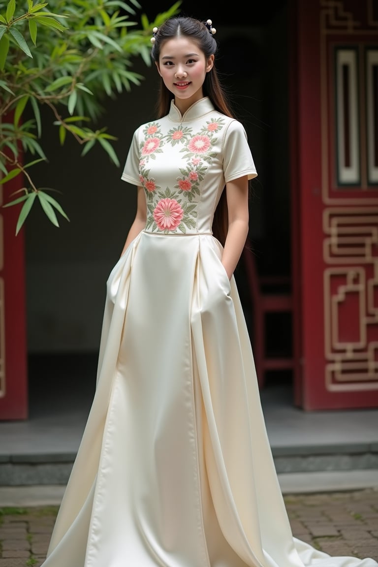 A young Chinese woman in traditional ruqun, short fitted top and long flowing skirt reaching ankle, delicate floral embroidery on soft fabric, classical elegance. Her long hair neatly coiled with hairpins, smooth and tidy. Full-body shot from the front, showcasing her dignified posture and elegant attire. Background of a Chinese garden with intricately carved wooden doors and lush bamboo, creating a serene atmosphere, full of classical charm.