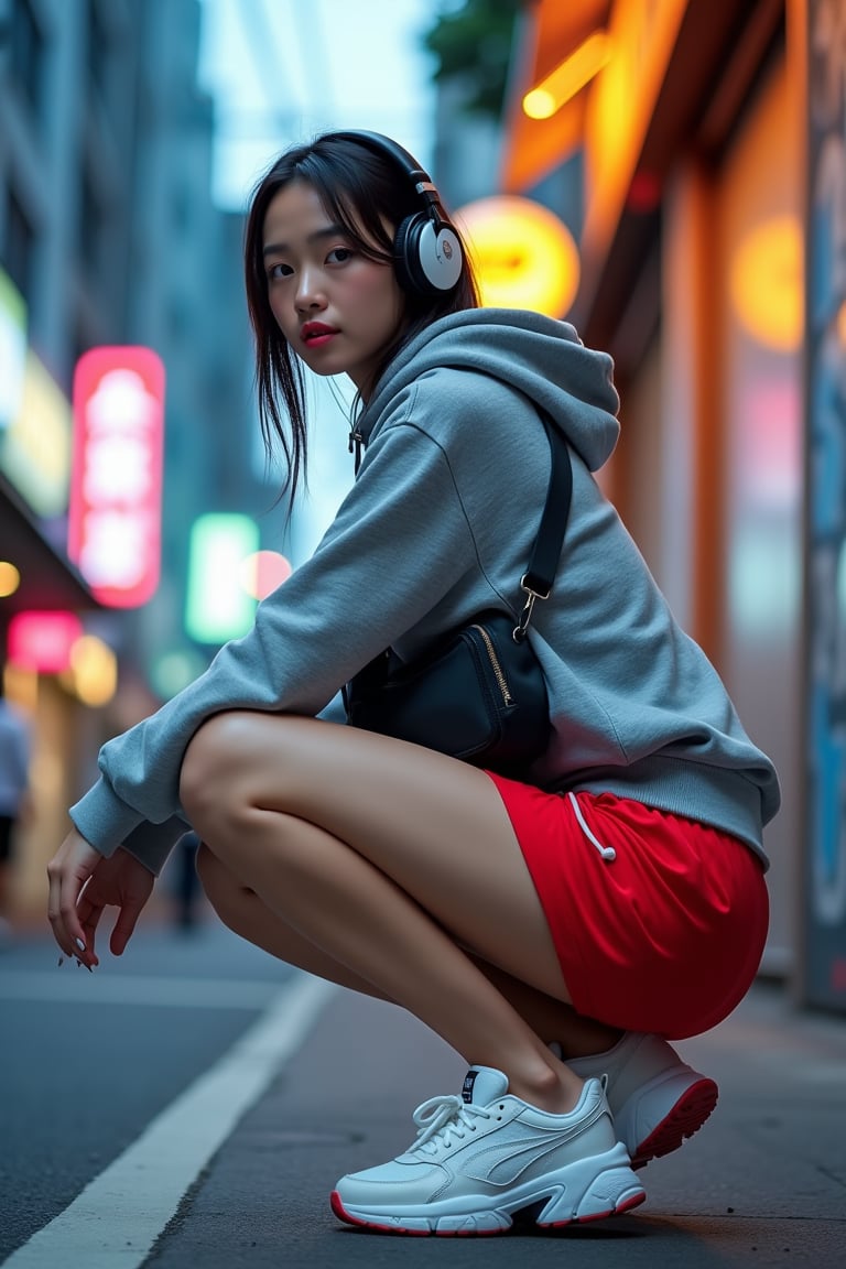 A young Japanese-Korean woman in trendy athletic wear, wearing a loose grey hoodie and bright red athletic shorts, white chunky sneakers. She has large headphones and a stylish crossbody bag, leaning slightly forward with her right hand on her knee, relaxed after exercise. Shot from a low side angle, emphasizing her dynamic and powerful pose. Set in a modern urban street with graffiti walls and street shops, neon lights and street graffiti blur and glow vibrantly, adding energy to the scene.