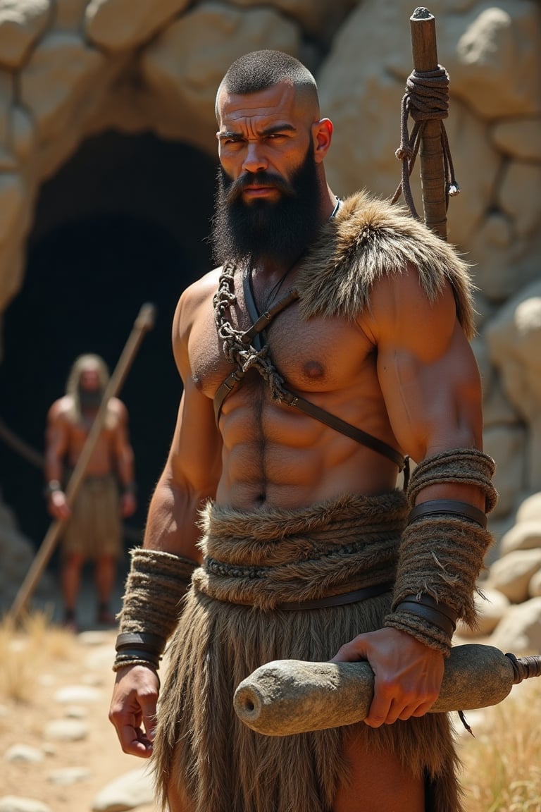 A muscular Stone Age warrior in a close-up shot,  wearing animal fur,  holding a stone weapon by user_778913893023034030 o...