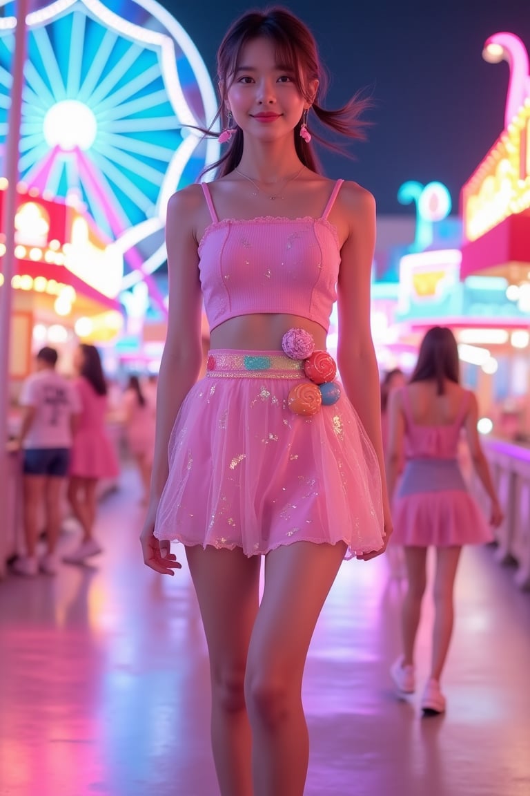 The Asian girl wears candy-style fashionable clothing. The jelly material top reflects the light as she moves. The geometric skirt with hard candy splicing gently swings when she walks. The lollipop accessories on the belt also sway slightly with her steps. . Her low ponytail fluttered in the wind, and her candy-colored ribbon swayed lightly in the air. The background is a candy-themed amusement park. The Ferris wheel rotates slowly, and the neon lights flash with candy-colored light. The surrounding amusement facilities are full of dynamics. The candy-colored lights flow around her, and her figure is reflected on the ground. The overall picture is full of modernity and Dynamic vitality