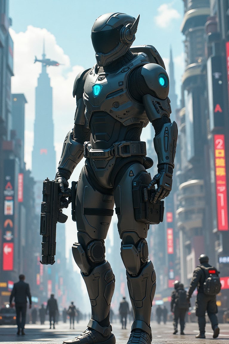 A futuristic soldier or worker in high-tech powered armor or holographic attire,  holding advanced weapons like energy gun...