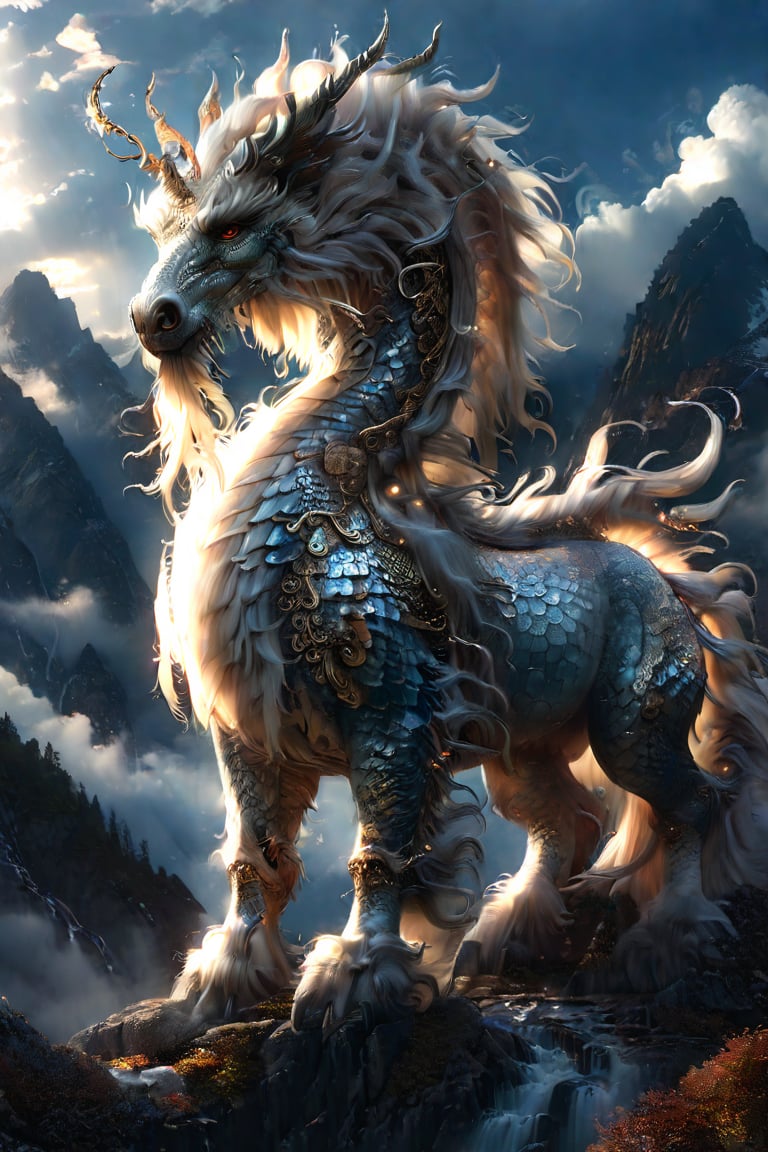 A majestic unicorn stood on a high cliff, its majestic body turned slightly sideways, looking back and staring into the distance. Its eyes shone with wisdom and depth, and its long mane fluttered gently in the mountain breeze. Qilin’s scales shed a metallic glow in the setting sun, its body tilted slightly, and its muscles tightened, revealing incomparable strength. In the background are magnificent mountains and seas of clouds, the river in the distance meanders like a silver belt, and sunlight shines through the clouds on Qilin's body, adding to the mysterious glory. The Qilin's tail swayed gently, its limbs stood firmly on the rock, as if it was guarding this auspicious land, and gazed at the heaven and earth with its majestic eyes,fmb,BJ_Sacred_beast,more detail XL,DonMR31nd33rXL, oriental dragon,HORSE RIDING,HORSE STANDING,HORSE WALKING,HORSE RUNNING,EQUESTRIAN HURDLE