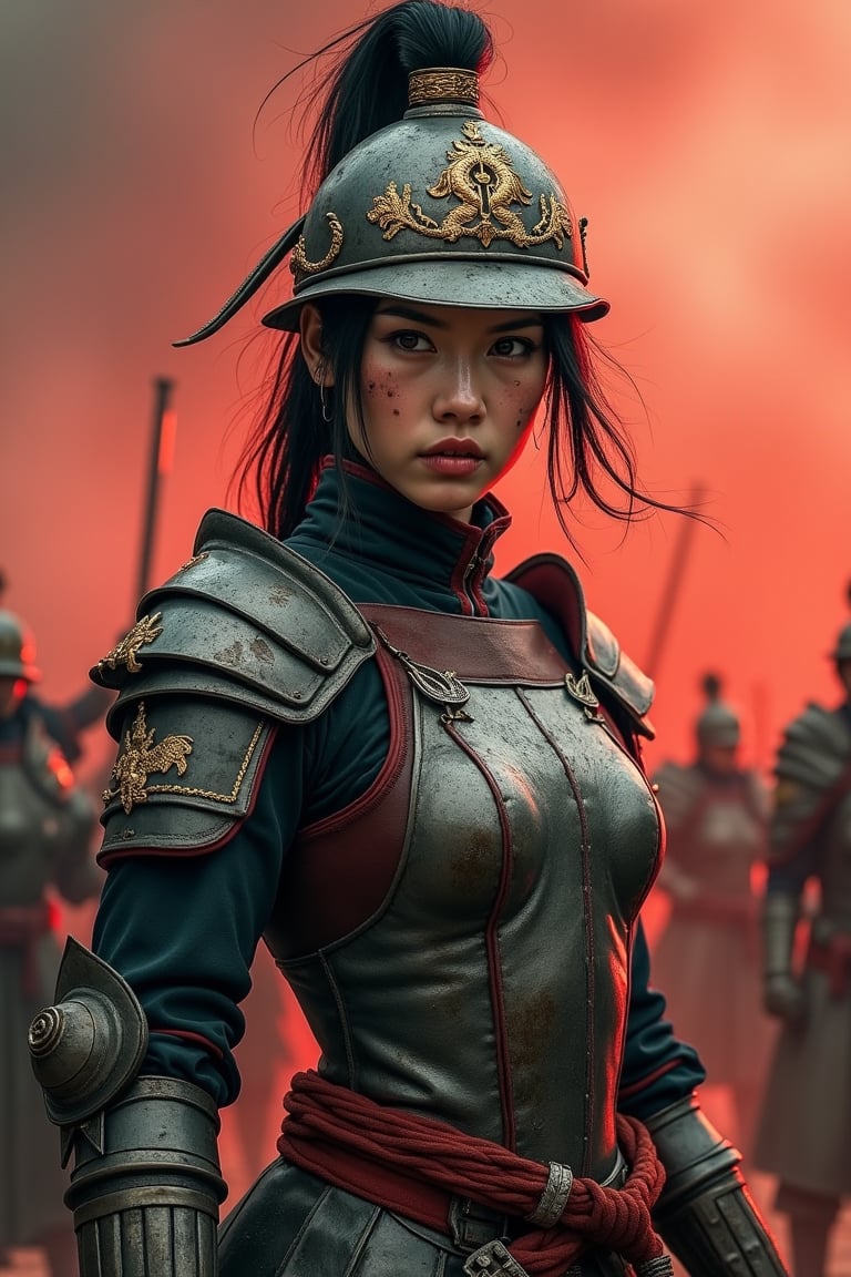 A Ming Dynasty female warrior with slightly disheveled hair tied high, wearing a helmet adorned with golden decorations. She dons form-fitting light armor that hugs her curves, revealing muscular arms and part of her skin, with dragon motifs on the armor. Holding a matchlock gun and a short sword at her waist, her face shows minor scars and mud, with a cold, fierce gaze. The background features a smoky ancient battlefield under a red-tinted sky, creating a tense atmosphere.