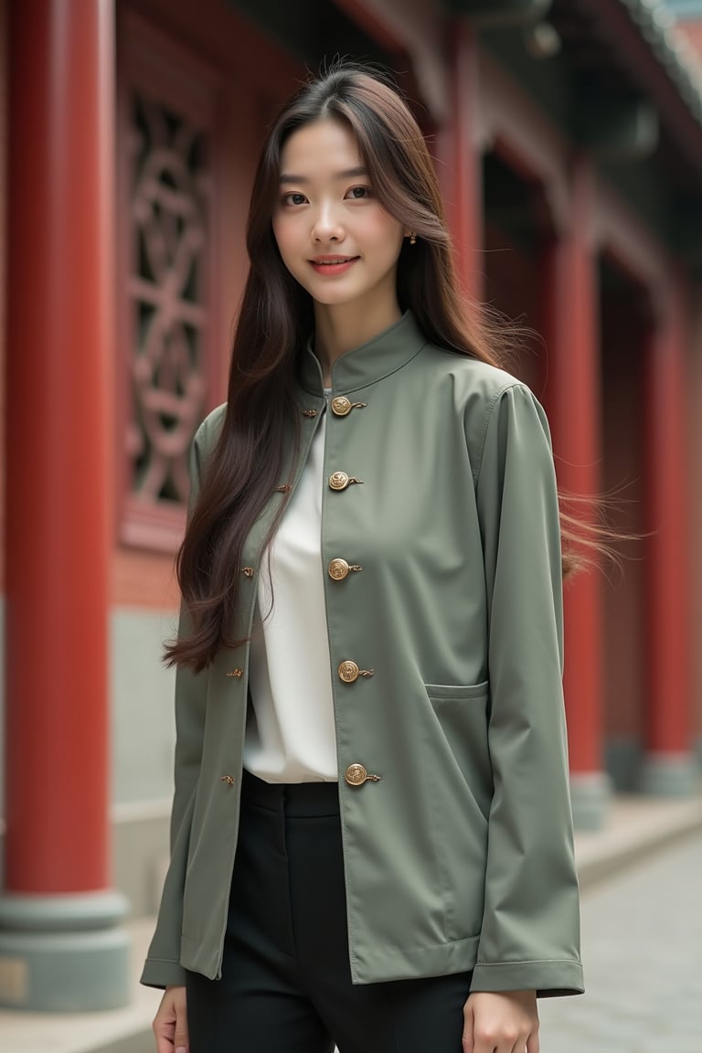 A young Chinese woman in a modernized mandarin jacket, standing tall with a slim-fit cut emphasizing her slender waist. The jacket features classic high collar and frog buttons, made of lightweight, glossy fabric, with a hint of her shirt collar revealing delicate collarbones. Her long hair is elegantly upswept, with some strands gently blowing in the wind. Shot from a slightly low angle, showcasing her full figure and intricate details of the outfit. The background is a traditional Chinese building in a modern cityscape, with red brick walls and carved wooden windows, blending tradition and modernity. The scene is vibrant and dynamic.