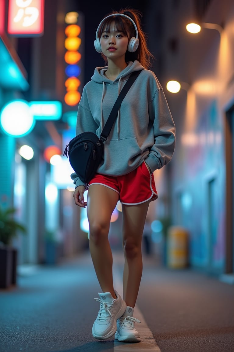 A young Japanese-Korean woman in trendy athletic wear, wearing a loose grey hoodie and bright red athletic shorts, white chunky sneakers. She has large headphones and a stylish crossbody bag, leaning slightly forward with her right hand on her knee, relaxed after exercise. Shot from a low side angle, emphasizing her dynamic and powerful pose. Set in a modern urban street with graffiti walls and street shops, neon lights and street graffiti blur and glow vibrantly, adding energy to the scene.