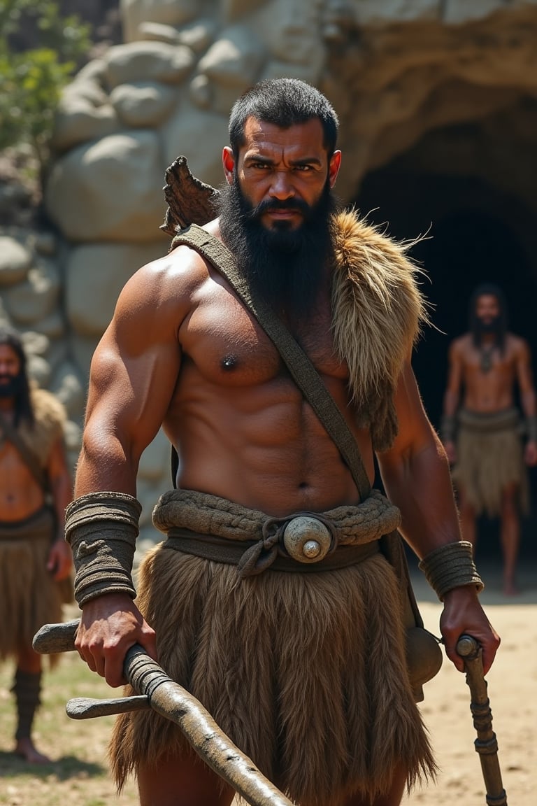 A muscular Stone Age warrior in a close-up shot,  wearing animal fur,  holding a stone weapon by user_778913893023034030 o...