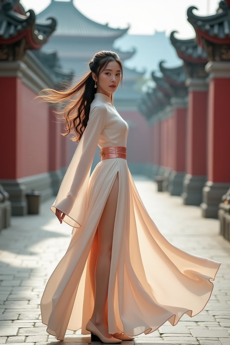 A young Chinese woman in a modernized beizi, light and flowing fabric, silk belt accentuating her slender curves. Her long hair elegantly coiled, strands dancing in the wind. She poses gracefully, shot from a low angle, highlighting her long legs and flowing skirt. The background features a modern city with traditional Chinese architecture, red brick walls, and carved stone bridges, blending modernity with tradition, adding a dynamic and vibrant touch.