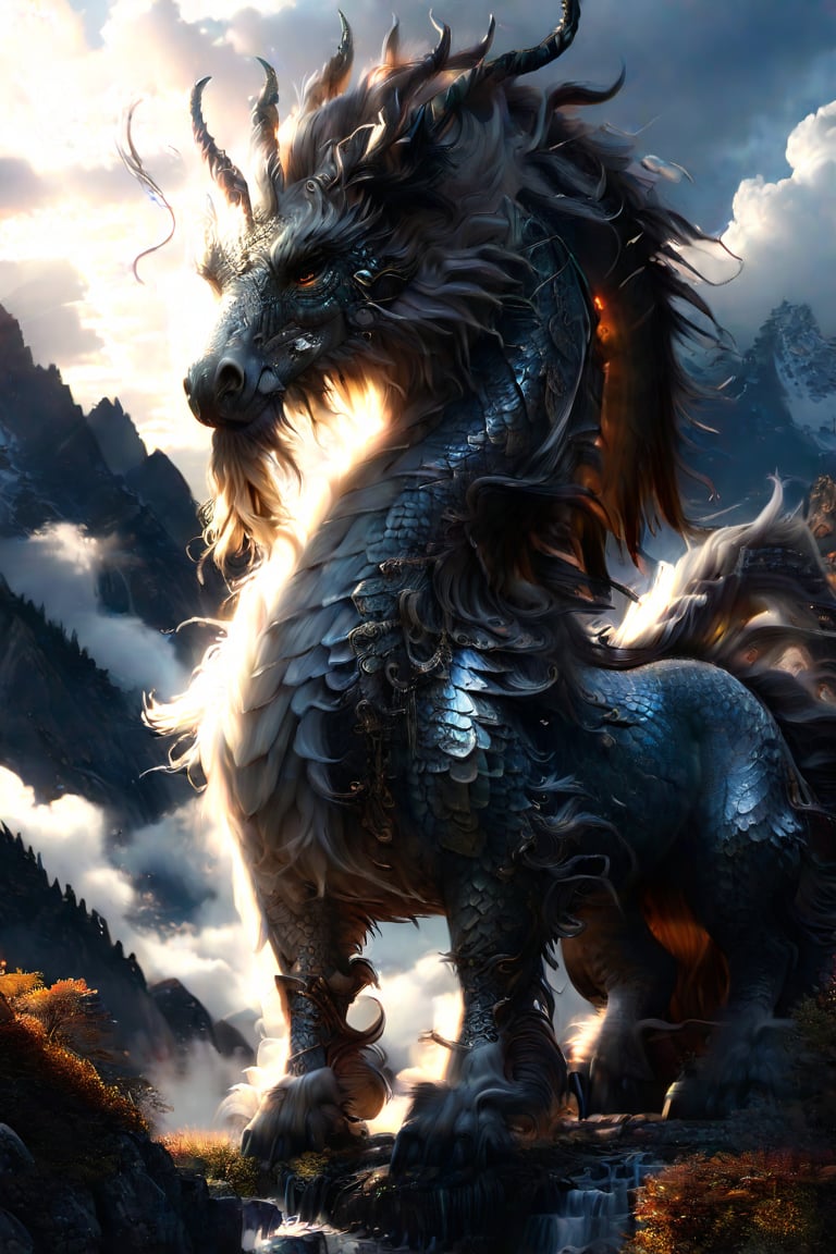 A majestic unicorn stood on a high cliff, its majestic body turned slightly sideways, looking back and staring into the distance. Its eyes shone with wisdom and depth, and its long mane fluttered gently in the mountain breeze. Qilin’s scales shed a metallic glow in the setting sun, its body tilted slightly, and its muscles tightened, revealing incomparable strength. In the background are magnificent mountains and seas of clouds, the river in the distance meanders like a silver belt, and sunlight shines through the clouds on Qilin's body, adding to the mysterious glory. The Qilin's tail swayed gently, its limbs stood firmly on the rock, as if it was guarding this auspicious land, and gazed at the heaven and earth with its majestic eyes,fmb,BJ_Sacred_beast,more detail XL,DonMR31nd33rXL, oriental dragon,HORSE RIDING,HORSE STANDING,HORSE WALKING,HORSE RUNNING,EQUESTRIAN HURDLE