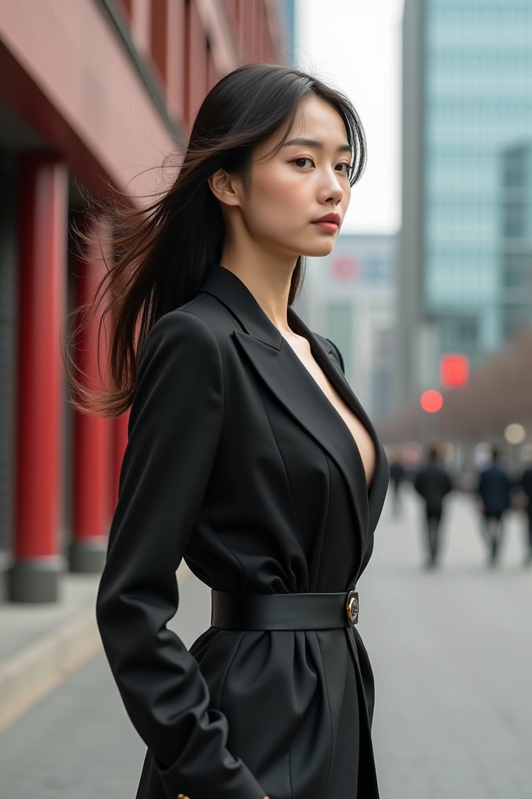 A young Chinese woman in a modernized, tailored Sun Yat-sen suit with a classic collar and cinched waist, the fabric light and form-fitting, slightly open neckline adding a touch of modern sensuality. Her long hair is elegantly upswept, strands blowing in the wind, adding movement and natural beauty. Shot from the side, capturing her full figure against a backdrop of a modern city with a Chinese architectural style, red bricks and glass facades symbolizing the blend of tradition and modernity. The scene is dynamic and vibrant.