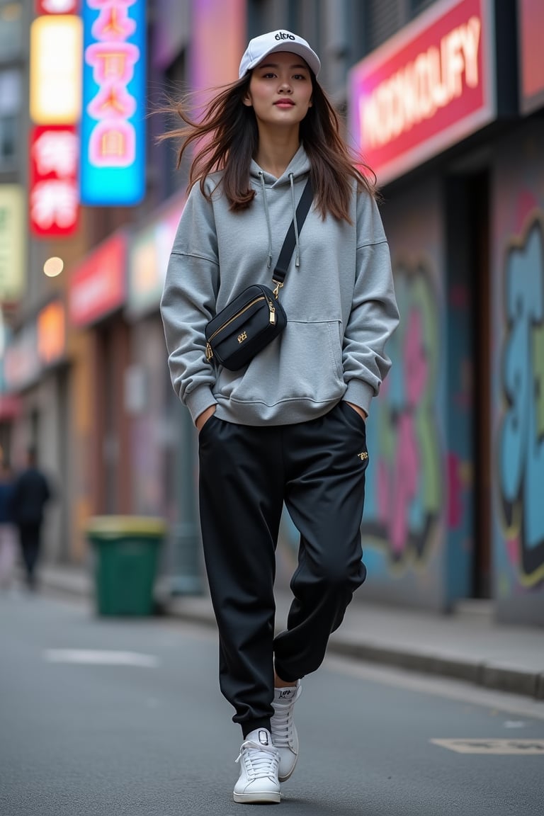 A young Japanese-Korean woman in her mid-20s, dressed in street-style athletic wear: a loose hoodie paired with fitted joggers, white sneakers, a trendy baseball cap, and a small crossbody bag. She stands at a city street corner, mid-action as if she just completed a parkour move. The background features vibrant neon signs and graffiti walls, capturing the urban energy. Her confident expression, windswept hair, and relaxed posture convey a sense of ease and satisfaction after her athletic feat.