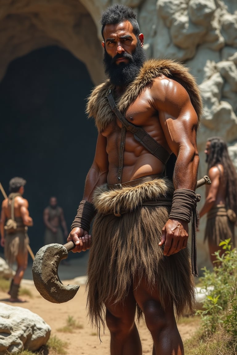 A muscular Stone Age warrior in a close-up shot,  wearing animal fur,  holding a stone weapon by user_778913893023034030 o...