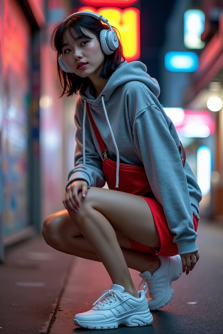 A young Japanese-Korean woman in trendy athletic wear, wearing a loose grey hoodie and bright red athletic shorts, white chunky sneakers. She has large headphones and a stylish crossbody bag, leaning slightly forward with her right hand on her knee, relaxed after exercise. Shot from a low side angle, emphasizing her dynamic and powerful pose. Set in a modern urban street with graffiti walls and street shops, neon lights and street graffiti blur and glow vibrantly, adding energy to the scene.