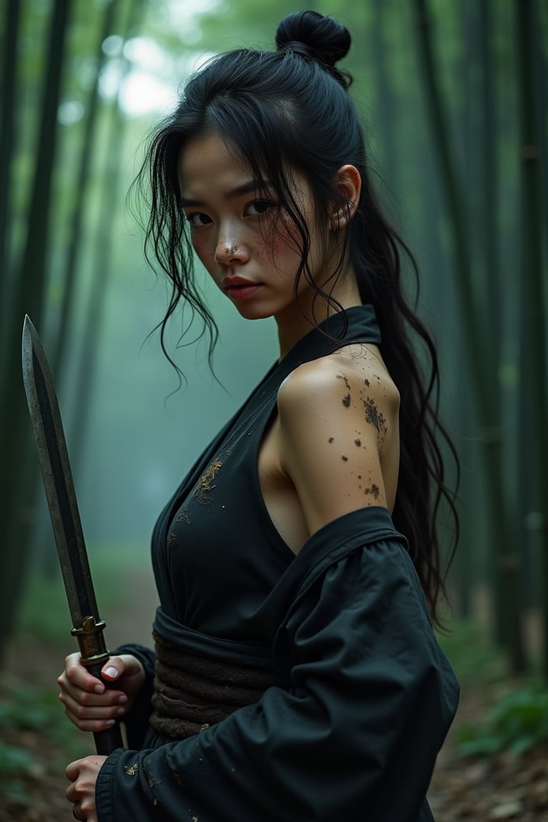 A long-distance shot of a young Japanese female ninja, fully visible. She has typical Japanese facial features, black almond-shaped eyes, a low nose bridge, and a face smeared with dirt and sweat, looking tired yet natural. Wearing traditional ninja attire that enhances flexibility and shows off her curves, revealing her collarbones and part of her arms. She holds a sharp kunai in her right hand, left hand resting lightly on her thigh, ready to strike. Her hair is disheveled, strands blowing in the wind, her weary yet vigilant eyes gazing into the distance, not directly at the camera. Her attire is covered in dirt and battle marks, indicating a tough covert mission. The background is a serene bamboo forest, moonlight filtering through the leaves, adding a mysterious atmosphere.