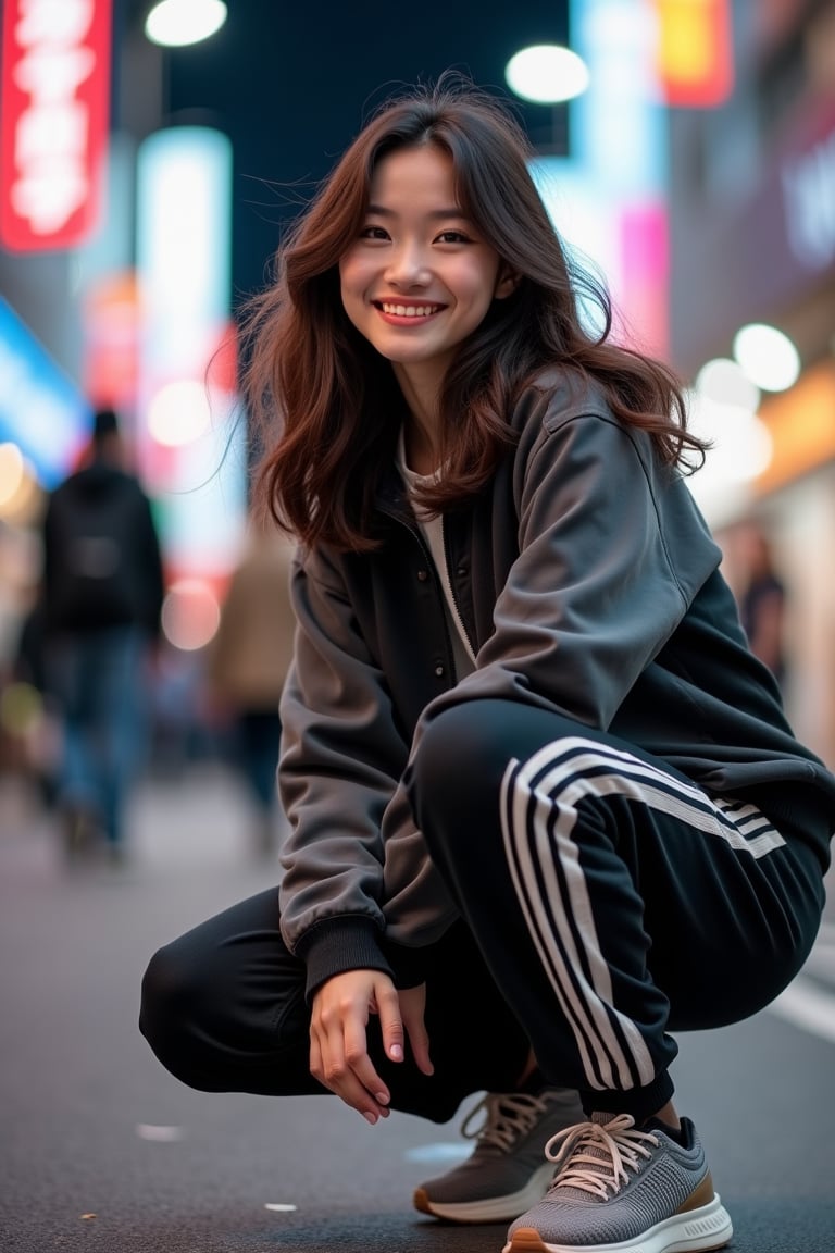 A young Asian woman with a confident smile, her lively eyes exuding youthful energy. Her medium-length, deep brown hair flows in the wind, naturally draping over her shoulders. She wears a loose, sporty jacket and pants in a trendy J-Korean style, paired with fashionable sneakers, blending streetwear with modern fashion. She crouches on a bustling city street, the vibrant urban nightscape behind her, with soft, non-glaring lights and young people passing by. Her pose is relaxed and natural, her hand making a trendy gesture, showcasing a confident, youthful vitality.