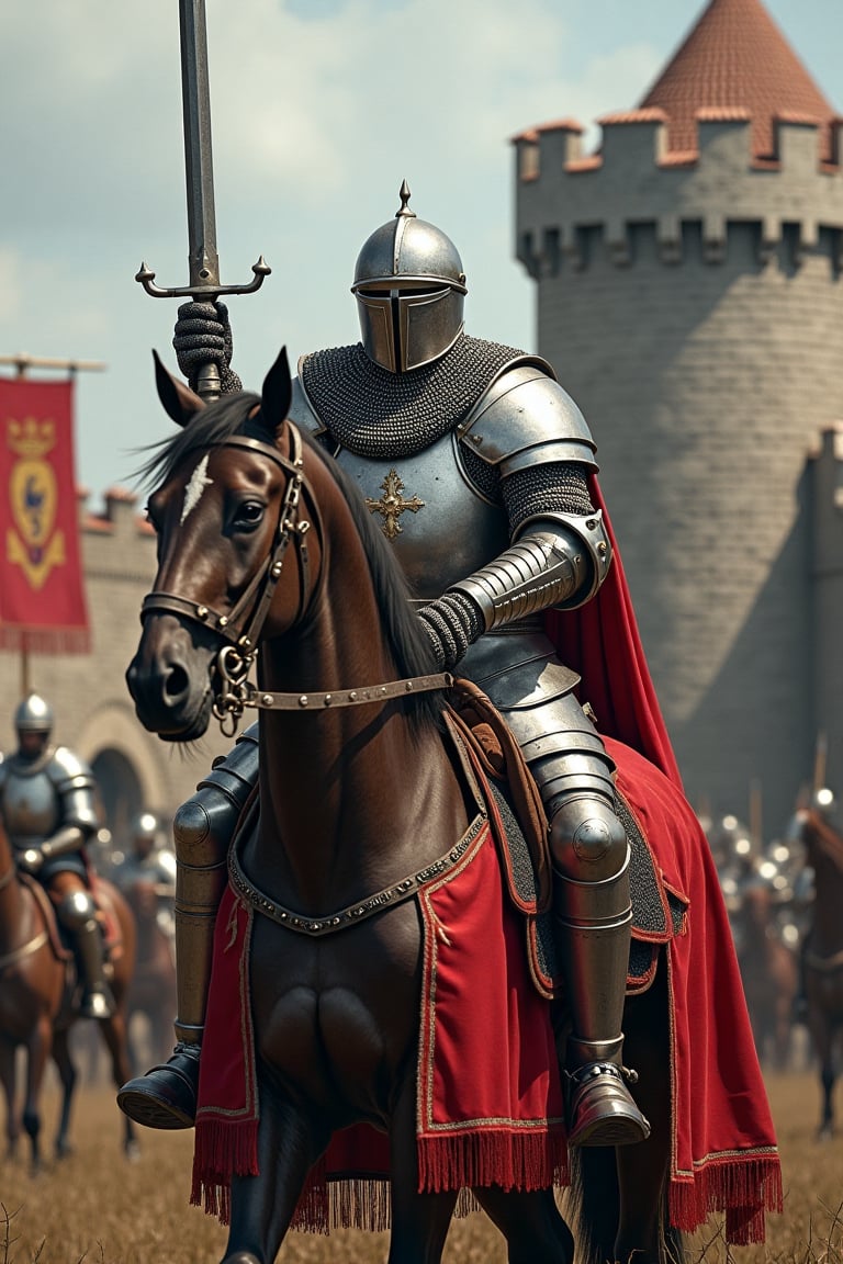A medieval knight in heavy chainmail or plate armor,  wielding a longsword,  warhammer by user_778913893023034030 on Tenso...