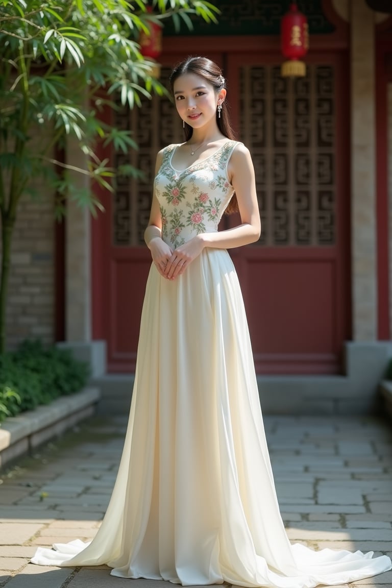 A young Chinese woman in traditional ruqun, short fitted top and long flowing skirt reaching ankle, delicate floral embroidery on soft fabric, classical elegance. Her long hair neatly coiled with hairpins, smooth and tidy. Full-body shot from the front, showcasing her dignified posture and elegant attire. Background of a Chinese garden with intricately carved wooden doors and lush bamboo, creating a serene atmosphere, full of classical charm.