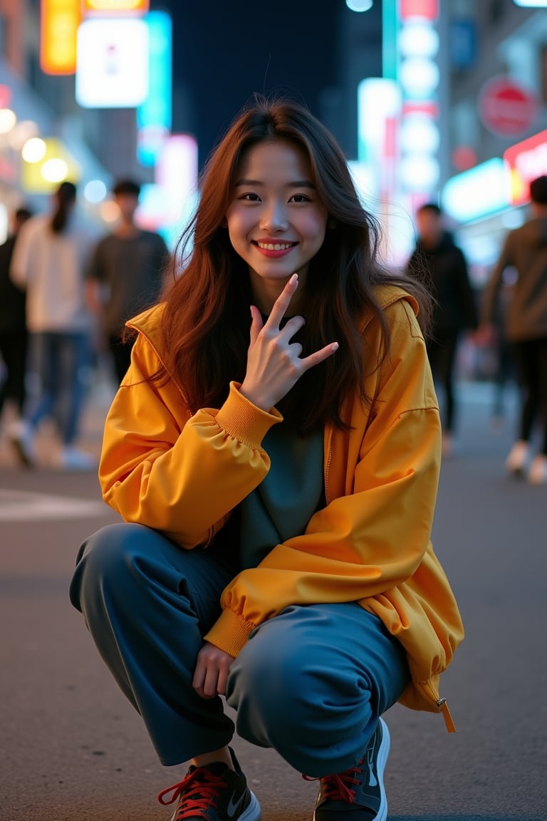 A young Asian woman with a confident smile, her lively eyes exuding youthful energy. Her medium-length, deep brown hair flows in the wind, naturally draping over her shoulders. She wears a loose, sporty jacket and pants in a trendy J-Korean style, paired with fashionable sneakers, blending streetwear with modern fashion. She crouches on a bustling city street, the vibrant urban nightscape behind her, with soft, non-glaring lights and young people passing by. Her pose is relaxed and natural, her hand making a trendy gesture, showcasing a confident, youthful vitality.