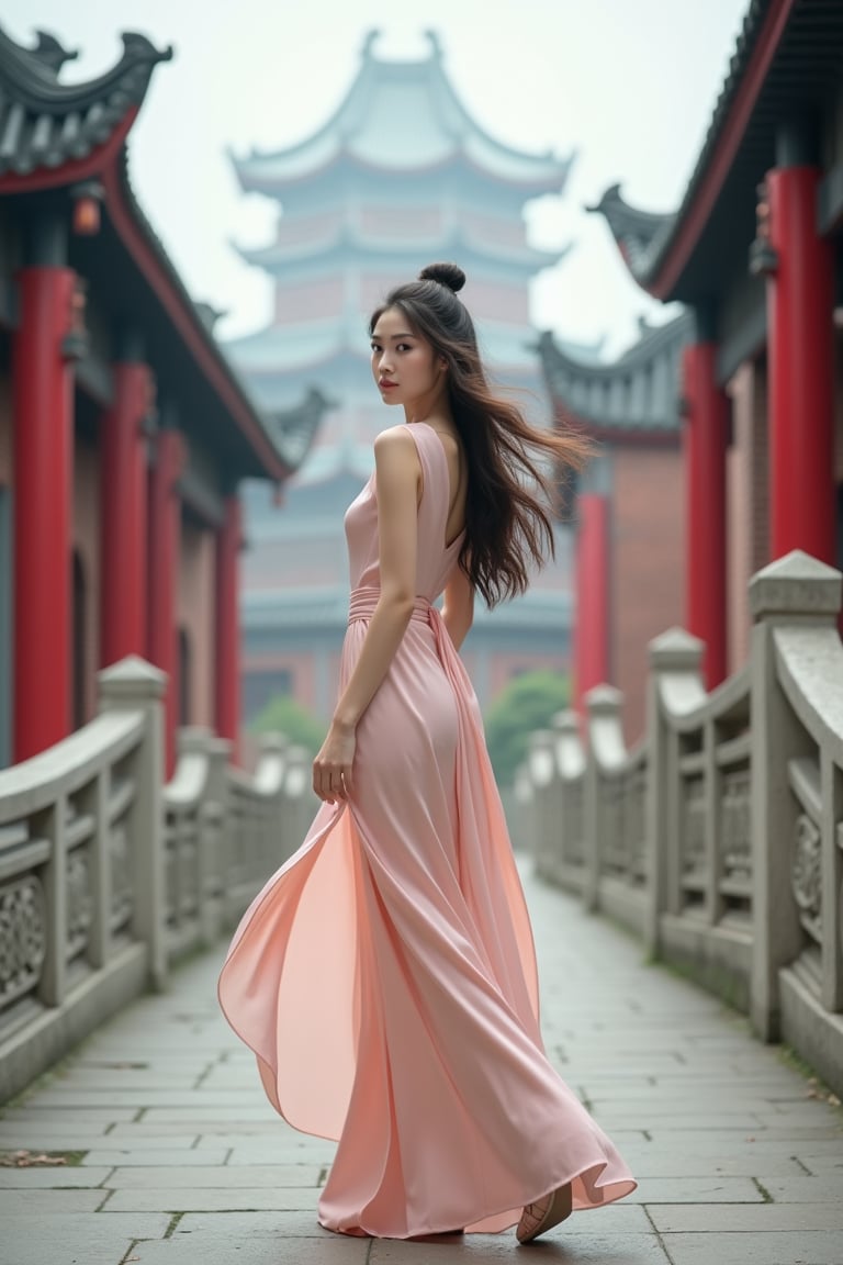 A young Chinese woman in a modernized beizi, light and flowing fabric, silk belt accentuating her slender curves. Her long hair elegantly coiled, strands dancing in the wind. She poses gracefully, shot from a low angle, highlighting her long legs and flowing skirt. The background features a modern city with traditional Chinese architecture, red brick walls, and carved stone bridges, blending modernity with tradition, adding a dynamic and vibrant touch.