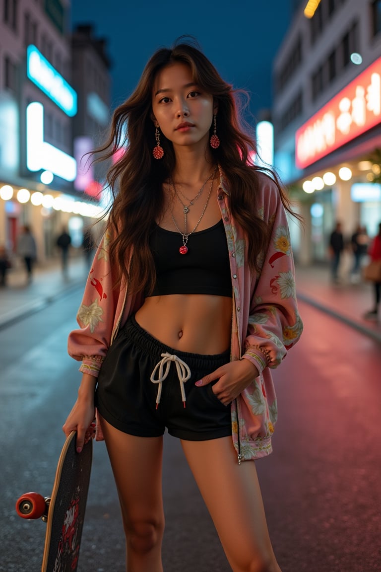 A young Asian woman with delicate, vibrant features and confident eyes, her long deep brown hair flowing in the wind, naturally draped over her shoulders. She wears a loose, hybrid Japanese-Korean style jacket and athletic shorts, paired with trendy sneakers, a street-style necklace, and large earrings enhancing her fashion-forward look. She stands on a city street, holding a skateboard, surrounded by graffiti and street art, with a neon-lit urban nightscape in the background, lights reflecting off wet pavement. The shot is framed at a slight downward angle, capturing her self-portrait with headphones on, blending her dynamic pose with the bustling street environment, with a fountain and plaza visible in the background.