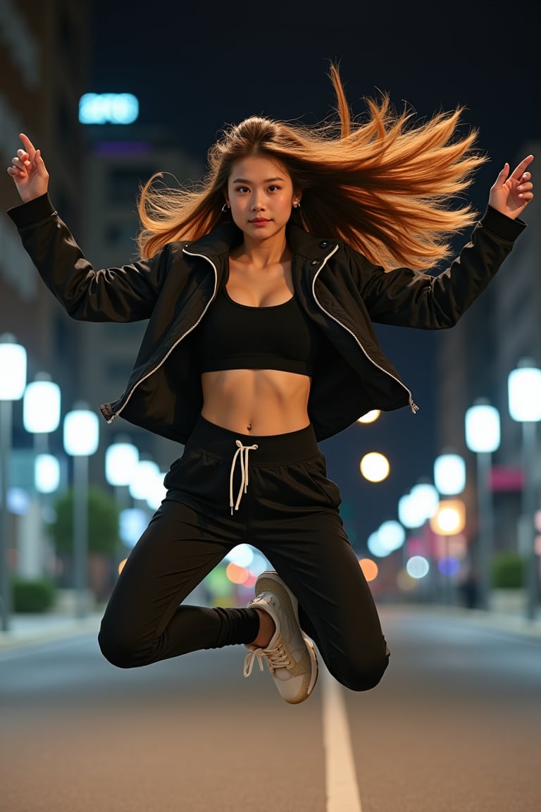 A confident and vibrant young Asian woman with long, flowing, glossy light brown hair, jumping with her hair in the air. She wears a loose, stylish athletic jacket and trendy sport pants with a minimalist yet sexy design, revealing her midriff. Performing a high-difficulty street dance move, her legs are crossed in mid-air, body fully extended, exuding dynamic energy. The camera captures her in mid-jump at a tilted angle, against a mixed-style urban night backdrop with soft yet layered lighting, enhancing the visual impact and vibrant atmosphere.