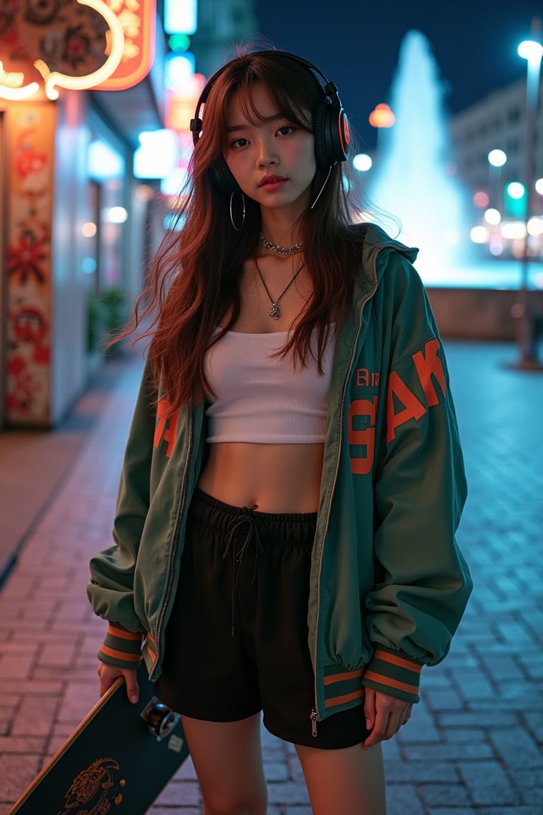 A young Asian woman with delicate, vibrant features and confident eyes, her long deep brown hair flowing in the wind, naturally draped over her shoulders. She wears a loose, hybrid Japanese-Korean style jacket and athletic shorts, paired with trendy sneakers, a street-style necklace, and large earrings enhancing her fashion-forward look. She stands on a city street, holding a skateboard, surrounded by graffiti and street art, with a neon-lit urban nightscape in the background, lights reflecting off wet pavement. The shot is framed at a slight downward angle, capturing her self-portrait with headphones on, blending her dynamic pose with the bustling street environment, with a fountain and plaza visible in the background.