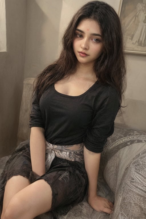 beautiful cute young attractive indian teenage girl, village girl, 18 years old, cute,  Instagram model, long black_hair, colorful hair, warm, dacing, in home sit at  sofa, indian