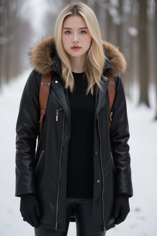 Captured at eye-level, a blonde woman stands in a winter scene, her hair cascades over her shoulders. She is dressed in a black leather jacket, a brown leather backpack, and black gloves. Her coat is adorned with a brown fur hood, adding a touch of warmth to her outfit. The background is blurred, creating a stark contrast to the woman's outfit.