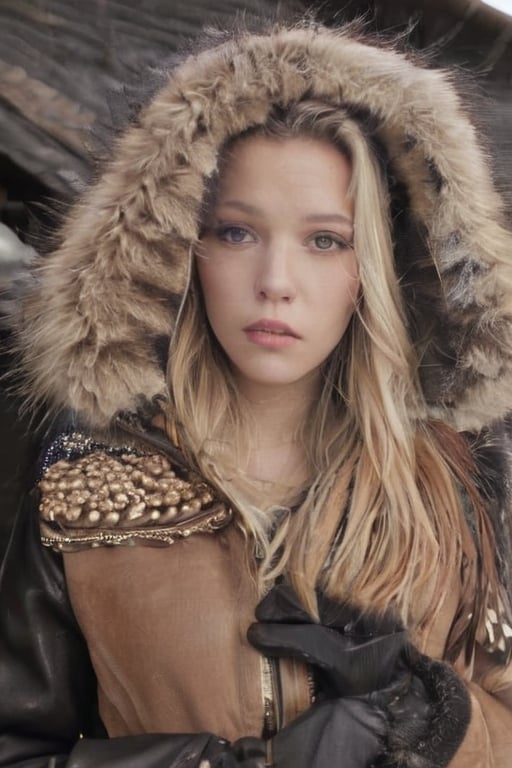 Captured at eye-level, a blonde woman stands in a winter scene, her hair cascades over her shoulders. She is dressed in a black leather jacket, a brown leather backpack, and black gloves. Her coat is adorned with a brown fur hood, adding a touch of warmth to her outfit. The background is blurred, creating a stark contrast to the woman's outfit.