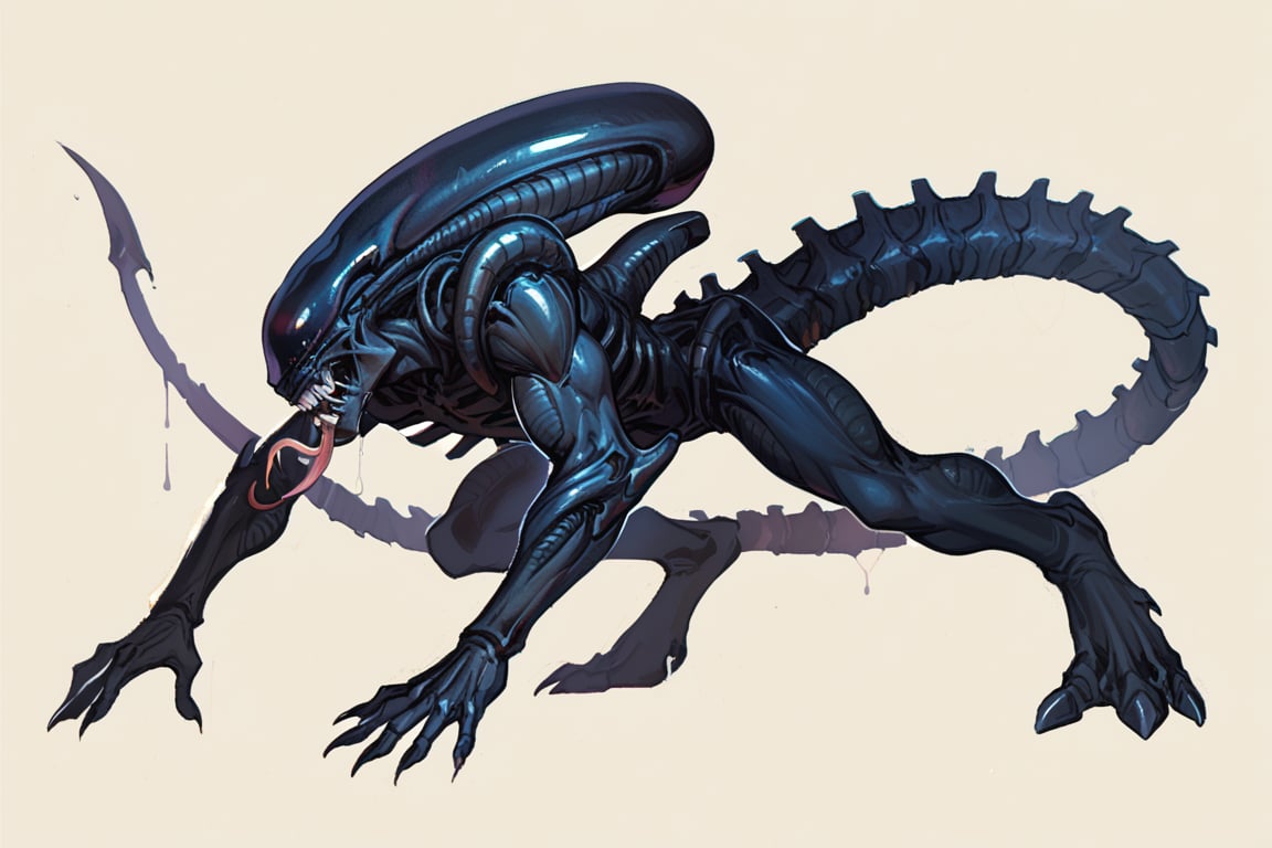 score_9, score_8_up, score_7_up, score_6_up, score_5_up, score_4_up, source_furry, alien, xenomorph, black body, black skin, solo, spikes, spikes \(anatomy\), male, prowling, (side view), full body, on all fours, tongue out, long tongue, smile, ((simple background)), dark background, 