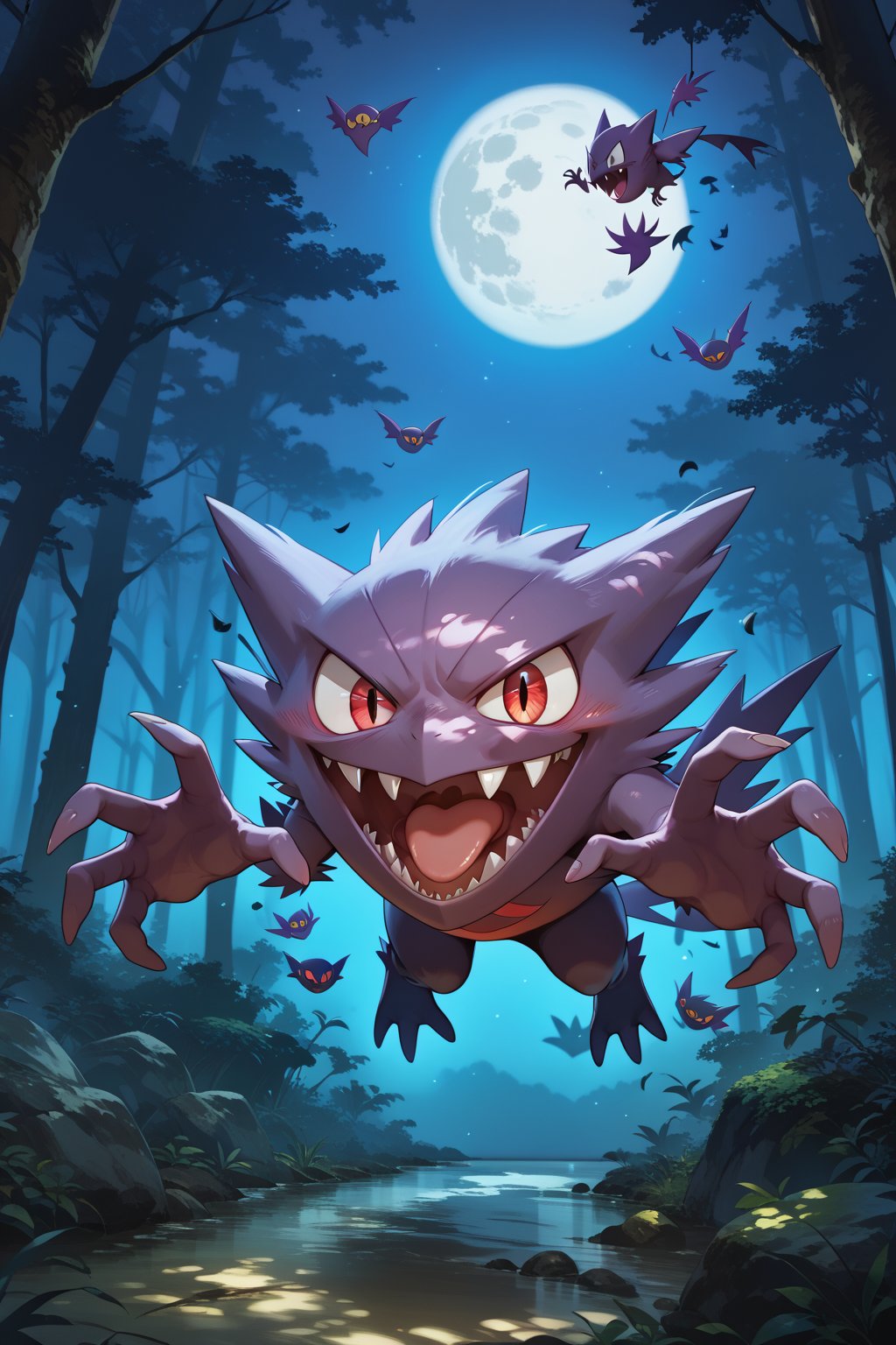 score9,score_8_up, blurry background, high quality, (Perfect hand anatomy), masterpiece, best quality, solo, smile, happy, looking at viewer, Haunter_Pokemon, floating, no humans, pokemon \(creature\), open mouth, admired, soft shading, source_anime, dried forest, full moon background, dark night, 