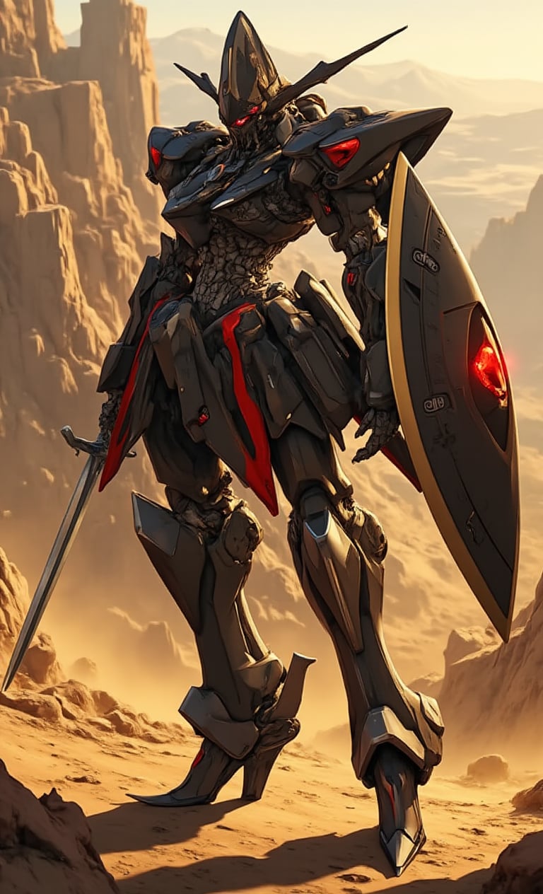 In a sweeping cowboy shot, a majestic mecha rises from the dusty terrain, its black and red armor aglow in the warm sunlight. Equipped with a gleaming sword and shield, it holds them confidently, the sword's radiant glow illuminating its rugged features as the mystical background fades into focus. Mechanisms hum with tension, ready to spring into action, while red, shining eyes pierce the darkness, casting an otherworldly gaze amidst ancient castle ruins.fantasy robot