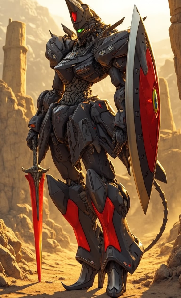 In a sweeping cowboy shot, a majestic mecha rises from the dusty terrain, its black and red armor aglow in the warm sunlight. Equipped with a gleaming sword and shield, it holds them confidently, the sword's radiant glow illuminating its rugged features as the mystical background fades into focus. Mechanisms hum with tension, ready to spring into action, while red, shining eyes pierce the darkness, casting an otherworldly gaze amidst ancient castle ruins.fantasy robot