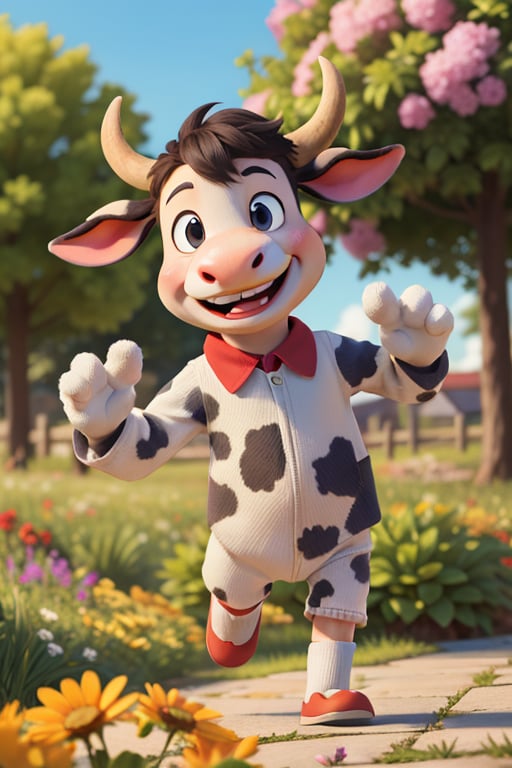 cartoon character, smiling cow enjoying springtime flowers, (((masterpiece))),(best quality)