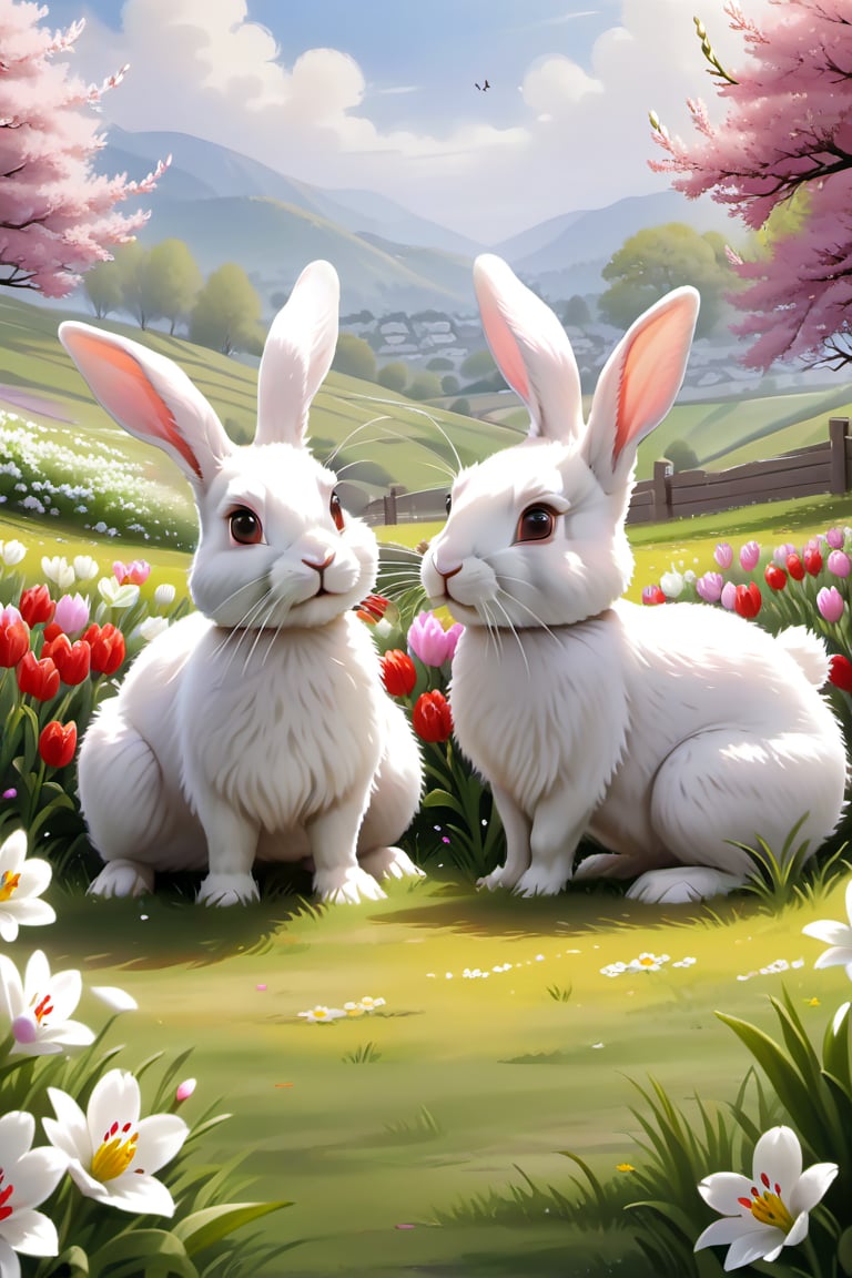 
rabbits enjoying springtime flowers, (((masterpiece))),(best quality)