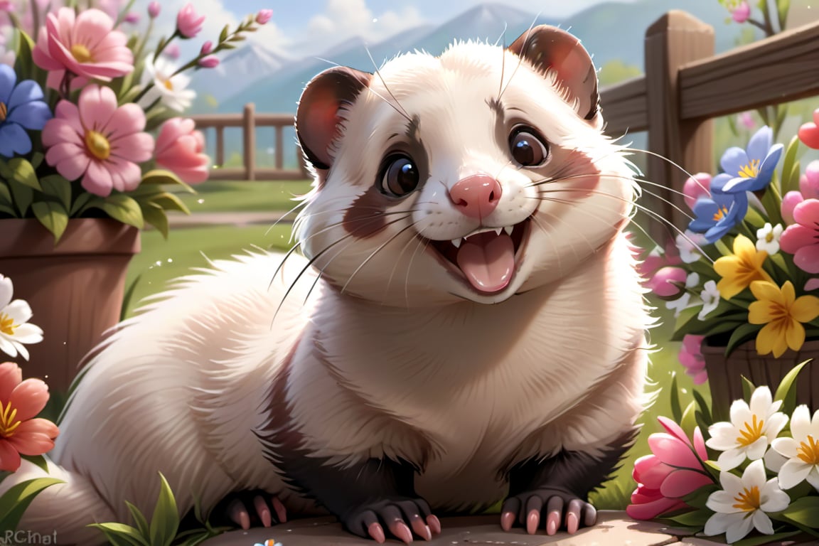 smilling ferret enjoying springtime flowers, (((masterpiece))),(best quality)