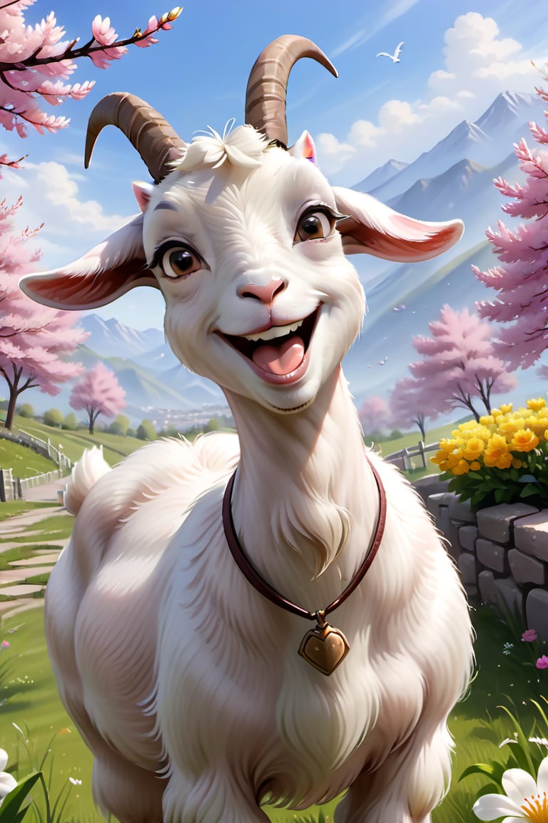 
 smiling goat enjoying springtime flowers, (((masterpiece))),(best quality)