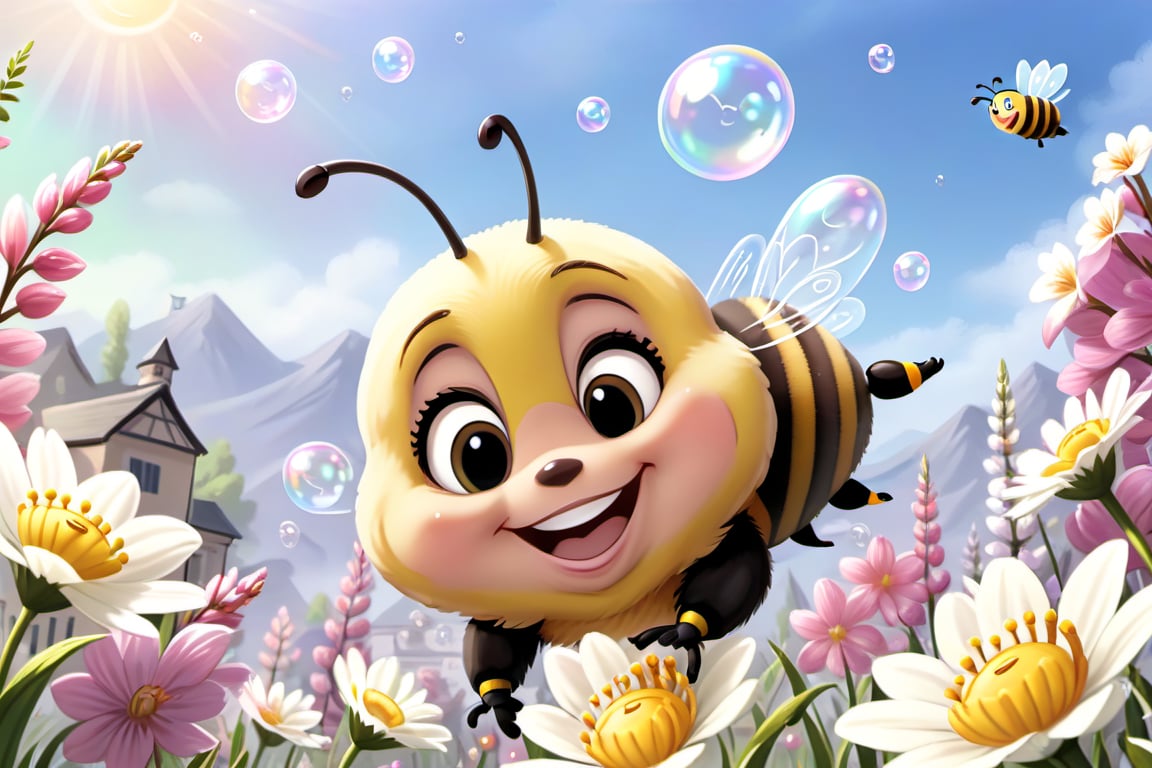 smilling bubble bee enjoying springtime flowers, (((masterpiece))),(best quality)